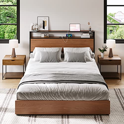Amerlife Queen Size Storage Bed Frame With Charging Station, Wooden Platform With 4 Drawers & Headboard/No Box Spring Needed/Noise-Free/Cherry #TOP4
