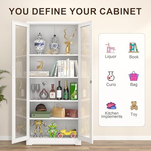 TIMELESS PIECES 71" Glass Display Cabinet with Doors,White Metal Curio Cabinet with Lock Collectibles Storage Cabinets,Retail Glass Liquor Cabinets with 4 Adjustable Shelves for Home Office - Thumbnail 7