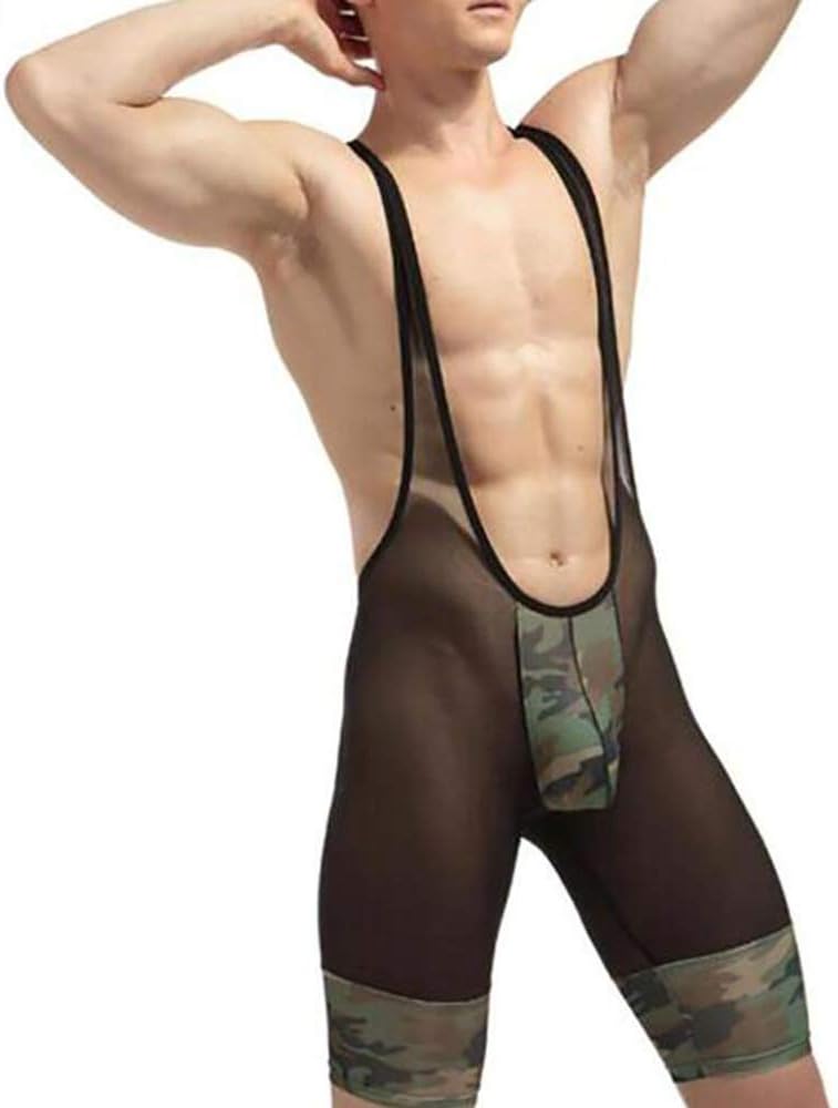 Men Suspender Underwear Mesh Breathable Camouflage Boxer Briefs Wrestling Singlet