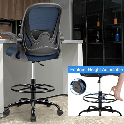 Image of Drafting Chair Tall Office Chair with Flip-up Armrests, Adjustable Height, Enhanced Lumbar Support Ergonomic Rolling Stool, Back Support, Adjustable Foot Rest Ring for Standing Desk Navy