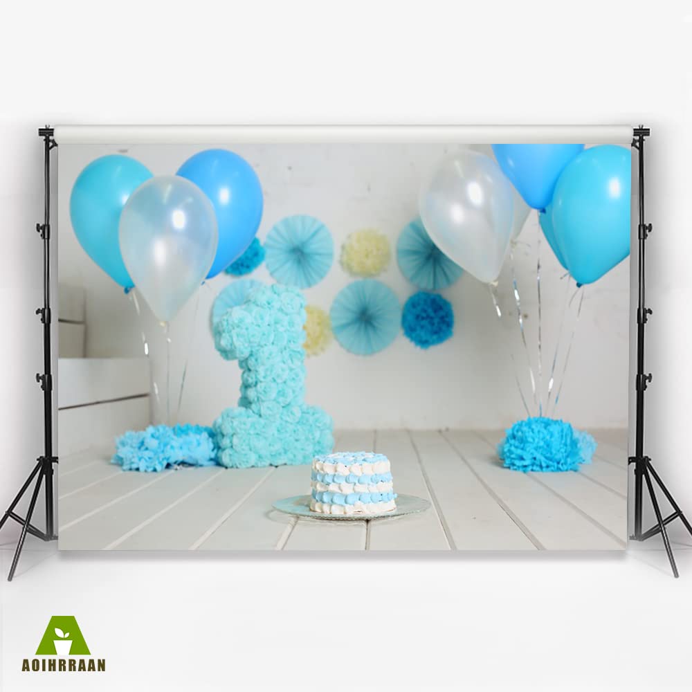 Aoihrraan 3,5x2,5m Kinder 1. Geburtstag Hintergrund Blau Luftballons Papier Blume Kuchen Geburtstag Zimmer Dekor Fotografie Hintergrund für Junge Mädchen Party Baby Dusche Dessert Tisch Foto Prop