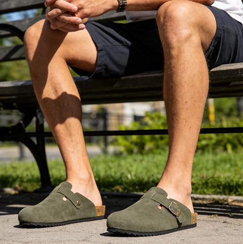Image of Womens Suede Clogs Mens Genuine Leather Mules Cork Footbed Sandals with Arch Support
