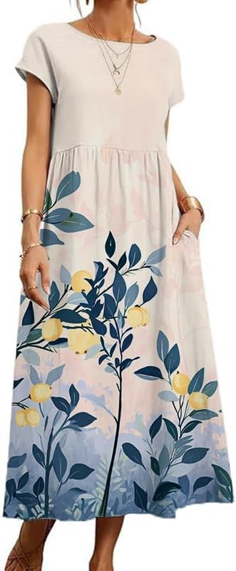 Boho Maxi Dress Floral Cap Sleeve High Waist Smocked Flowy Casual Church Summer Long Womens Tshirt Dress