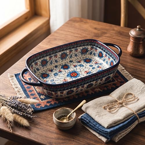 Ceramic Baking Dish with Handles, ceramic bakeware，Hand-painted Polish Pottery Baking Dish Set of 2,Baking Pan Lasagna Pan, Rectangular, Floral Pattern,baking tray Oven Safe 13.22x7.5x2.8 In (blue) by Generic - Image 6