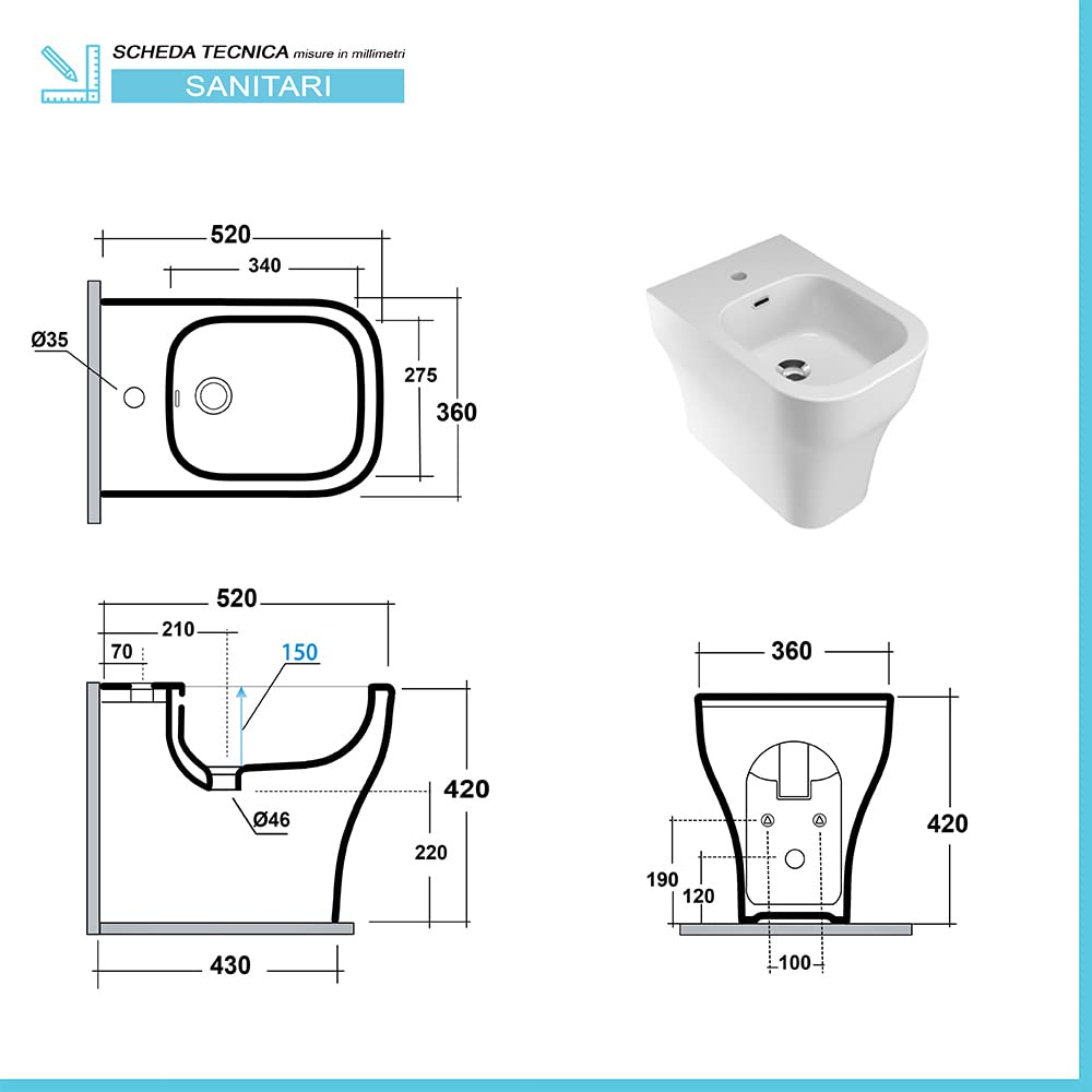 Inbagno Sanitari Filo Muro con Scarico traslato Rimless, in Ceramica Bianca Lucida Serie Synthesis, Incluso Copri WC rallentato con sgancio rapido
