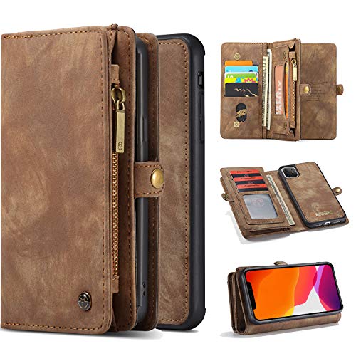 Harsel 11 Card Slot [Magnetic Closure] Detachable Removable Flip Handmade Premium Cowhide Leather Wallet Purse Case with Zipper Case Protective Cover for iPhone 11 Pro (Brown)