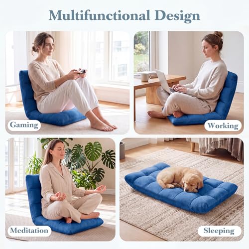 Image of Giantex Folding Floor Chair with Back Support, 14 Adjustable Position, Padded Sleeper Bed, Couch Recliner, Gaming Video Chairs for Adults, Meditation, Living Room (Blue)