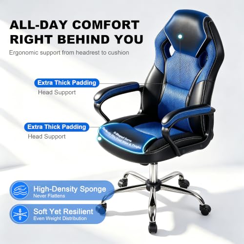 Image of Office Gaming Chair Blue, PU & Mesh Design Computer Chair with Metal Base