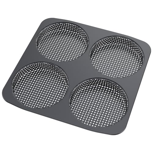 Large Hamburger Bun Pan 12cm Perforated Commercial Non Stick Carbon Steel Baking Mold 4 Cavity Big Baking Pan for Homemade Hamburger Bun Meat Pie Bread Mini Pizza(Black,4 Cavity)