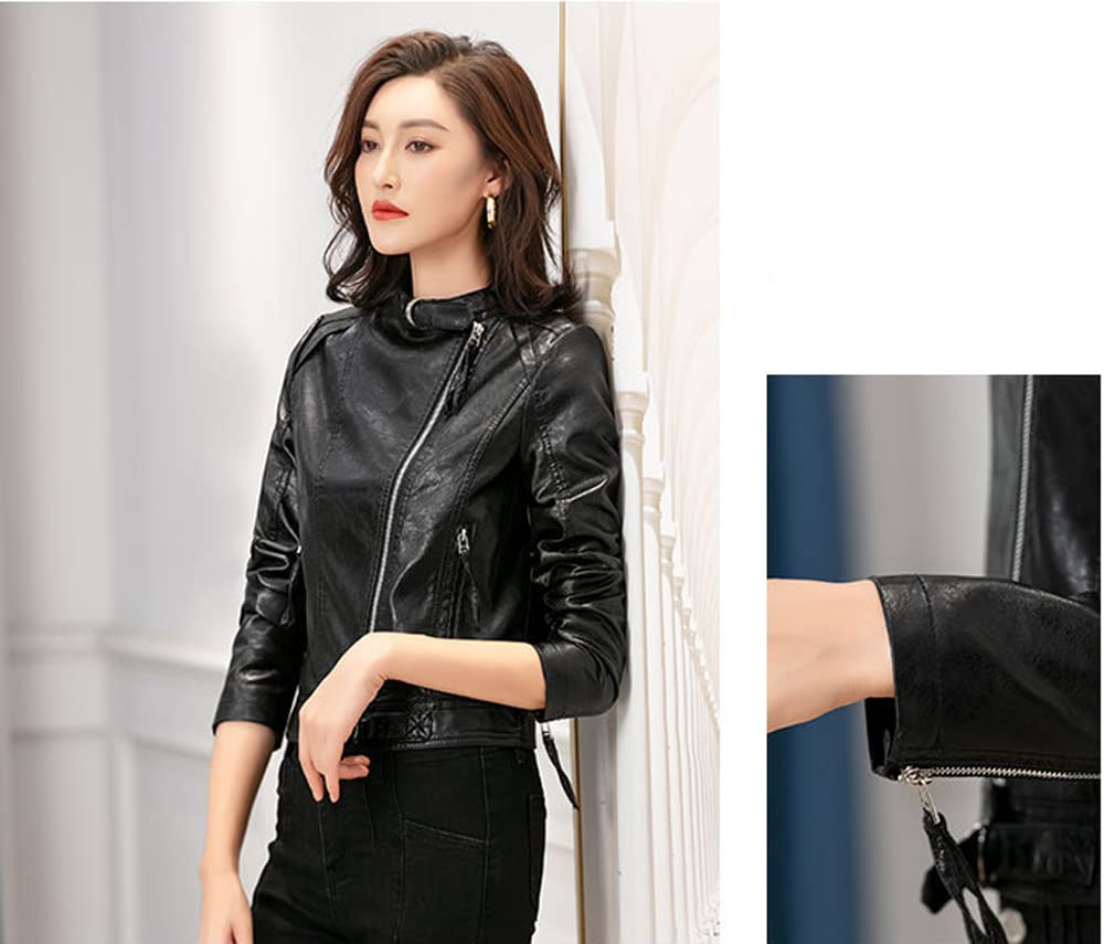 Huixin Moda damska Slim Fit kurtka z imitacji skóry, lekka, ze stójką, dla motocyklistów, krótka skórzana kurtka z zamkiem błyskawicznym pod kątem, Czarny, XXL