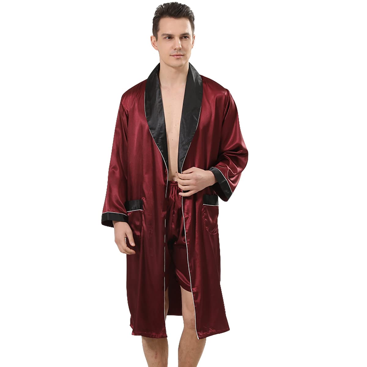 Haseil Bata de kimono de lujo para hombre con pantalones cortos de verano impreso de satén de seda albornoces, WineRed, Large