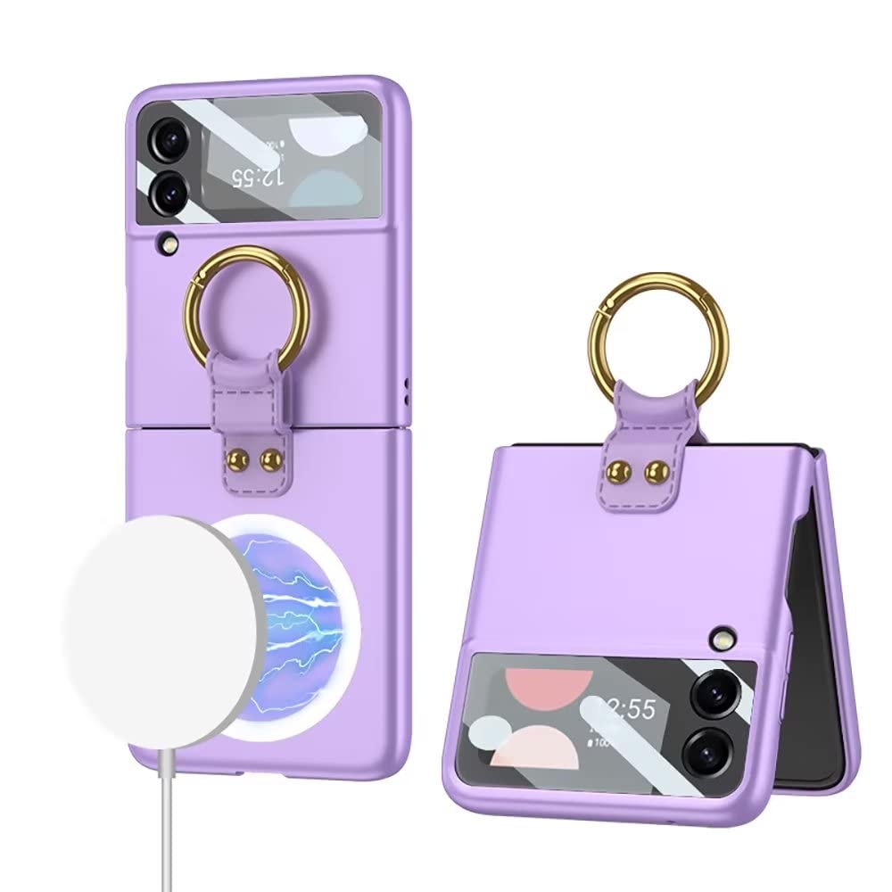 TINGYR Funda para Samsung Galaxy Z Flip 3, Carcasa con Todo Incluido y Protección de Película Templada, con Anillo, Duradera Protector para Samsung Galaxy Z Flip 3. (Sueño morado)