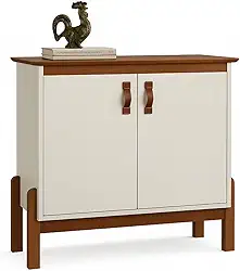 Aparador Bancada Hall de Entrada Sala Decoração Buffet Balcão Jantar Armário Cozinha Cantinho do Café 2 Portas com Puxador em Couro Pés Madeira Maciça Retrô Sonetto (Offwhite/Freijó)