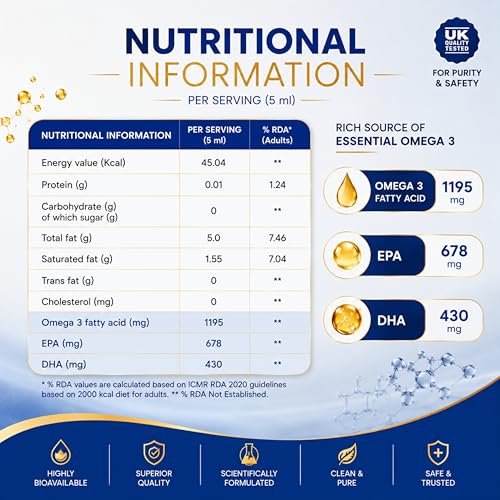 Image of Omega Liquid | Pure Icelandic Salmon Fish Oil | 1195mg Omega-3 EPA 678mg DHA 430mg + Vitamin D3 | Patented High-Absorption Triglyceride Form | No Fishy Burp | Heart, Brain & Joint Health