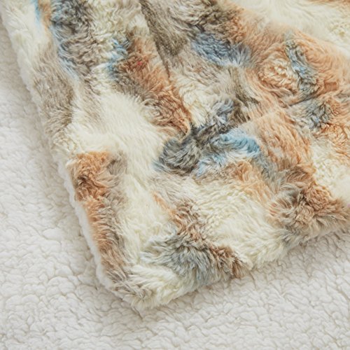 Tache 90X90 Soft Warm Tan Brown Blue Russian Lynx Faux Fur White Sherpa Bed Blanket #TOP4
