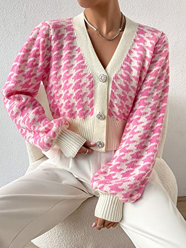 Image of Verdusa Women's Button Front V Neck Long Lantern Sleeve Cropped Cardigan Sweater Pink Medium