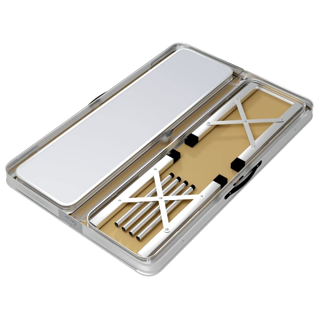 Klappbarer Campingtisch mit Sitzbänken aus Aluminium Braun, kompakt und platzsparend, leicht tragbar für Outdoor Picknick, Garten, Wandern, Festival und Camping Nutzung