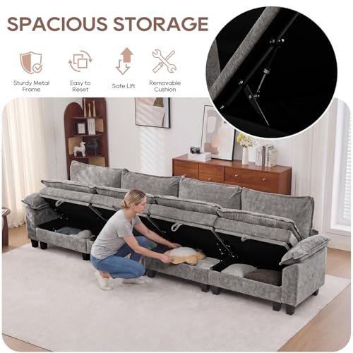 Image of IPKIG 151 inch Modular Cloud Couch with Storage, U Shaped Sectional Sofa with Ottoman & Pillow, Chenille Deep Seat Sectional Couches for Living Room, Apartment, Grey
