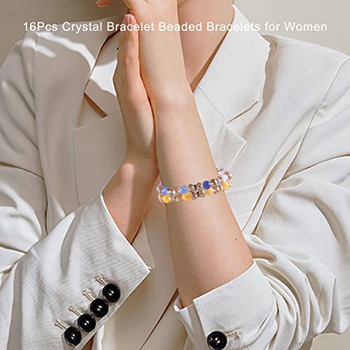 PIPITREE 16PCS Crystal Bracelet Beaded Bracelets for Women, Colorful Stackable Stretch Beads Bracelets Healing Crystals Rhinestone Spacers Anxiety Relief Gifts for Women4