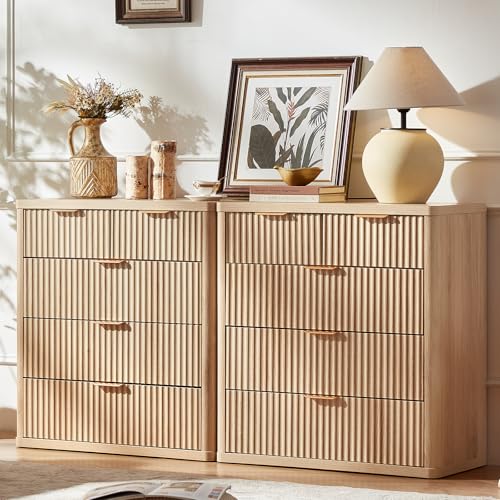 Image of LEYAOYAO Fluted 5 Drawers Dresser for Bedroom Set of 2, 34 inch Tall Modern Chest of Drawers with Metal Handle, Curved Profile Design,Natural Wood Drawer Organizer for Bedroom,Living Room,Hallway,Natural