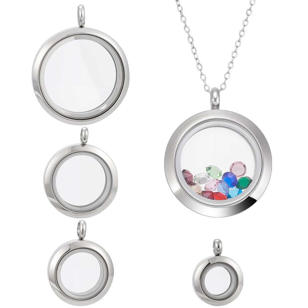 4 Pcs Memory Floating Locket, 0.6/0.8/1/1.2 Inch Round Floating Charm with 4 Chain Stainless Steel Glass Pendants Necklace for DIY Accessories Jewelry Making