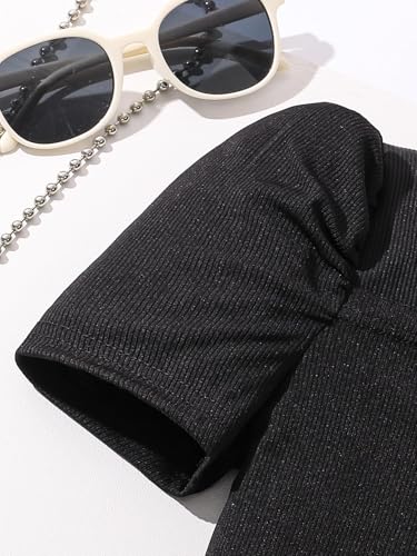 Image of Hilinker Girls 2 Piece Outfits Square Neck Puff Sleeve Top and Pants Summer Cute Clothing Set Black Beige 9-10Y