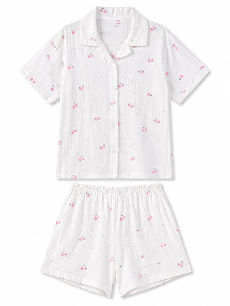 Women's Cotton Night Suit Set, Half Sleeve Shirt and Shorts, Strawberry Print, Lightweight, Skin Friendly, Relaxed Fit-picture-53