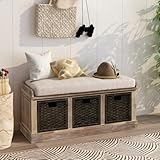 Rustic Storage Bench with 3 Removable Classic Rattan Basket Entryway Bench with Removable Cushion