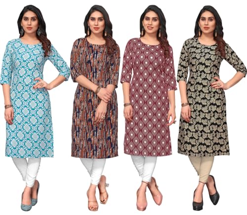 Image of JAKHANA Women's Crepe Printed Casual Straight Calf Length Round Nick Kurta Pack of 4