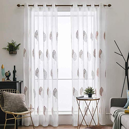 MIULEE 2 Unidades Cortinas Bordado Translucida de Dormitorio Moderno Ventana Visillos Rayas Salon Paneles con Ojales Plateados para Sala Cuarto Comedor Salon Cocina Habitación 140x260 cm Café