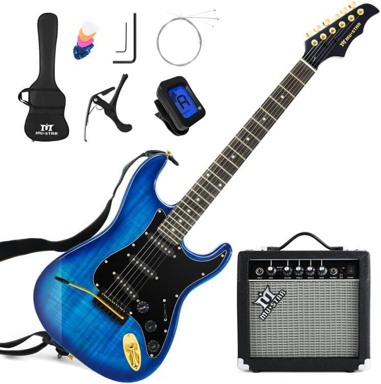 MUSTAR Electric Guitar Kit with 25W Amplifier, 39 Inch Full Size Solid Wood Electric Guitar Beginner Kits, Gig Bag, Tuner, Capo, Strap, Cable, Picks, Birthday Holiday Gifts (BLUE)