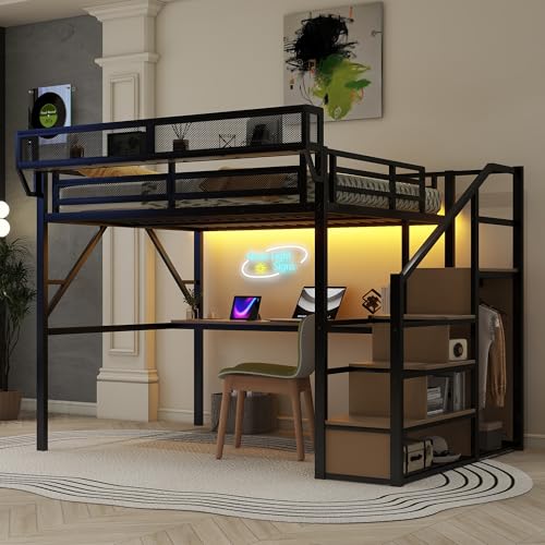 Queen Size Gaming Loft Bed Stairs and Desk, Metal Loft Bed