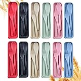 Reusable Travel Utensils Set with Case, 12 Sets Wheat Straw Portable Knife Fork Spoons Tableware, Eco-Friendly BPA Free Plastic Cutlery Travel Picnic Camping Utensils for Kids Adults Daily Use