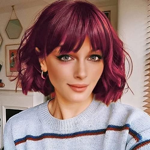 PORSMEER Short Wavy Curly Bob Red Wig with Fringe Natural Looking Synthetic Hair Wigs for Women Cosplay Party Or Daily Wear
