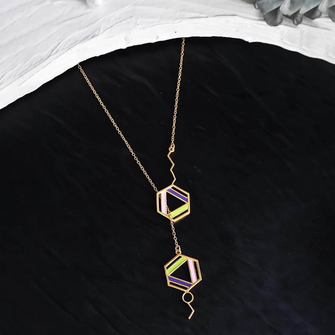 Benzene Plated Enamel Hexagons Necklace