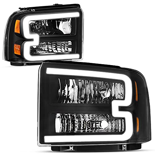 AUTOSAVER88 LED DRL Headlight Assembly Compatible with 2005 2006 2007 Ford F-250 F-350 F-450 F-550 Super Duty / 2005 Ford Excursion Headlamp Replacement Pair Black Housing for 07 F250 Headlights 05-07