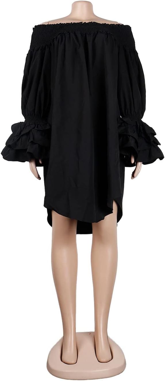 MESLIMA Women's Casual Plus Size Shirred Off Shoulder Bell Long Sleeve Ruffle Loose Irregular Hem Midi Dress - Image 6
