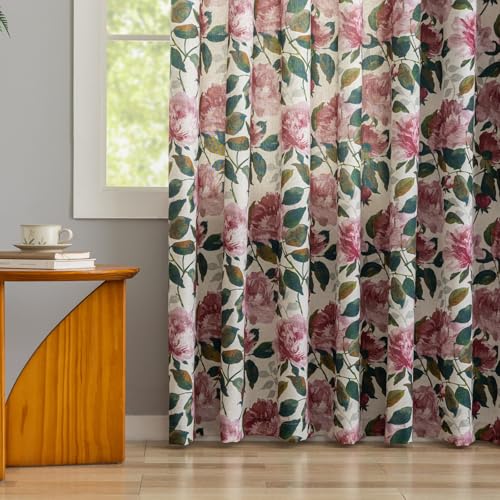 Image of Linen Blend Glass Sliding Door Curtain 100x84 inches Vintage Floral Patio Door Curtains Extra Wide Privacy Curtains for Room Divider Grommet Farmhouse Country Chic Drapes 1 Panel W100 x L84 Pink