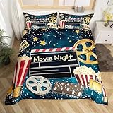 Movie Themed Bedding Set Queen for Boys Girls Family Vintage Cinema Style Duvet Cover Home Theater Decor Comforter Cover Movie Theater Decor Film Theme Bedding Retro Cinema Ticket Bedspread