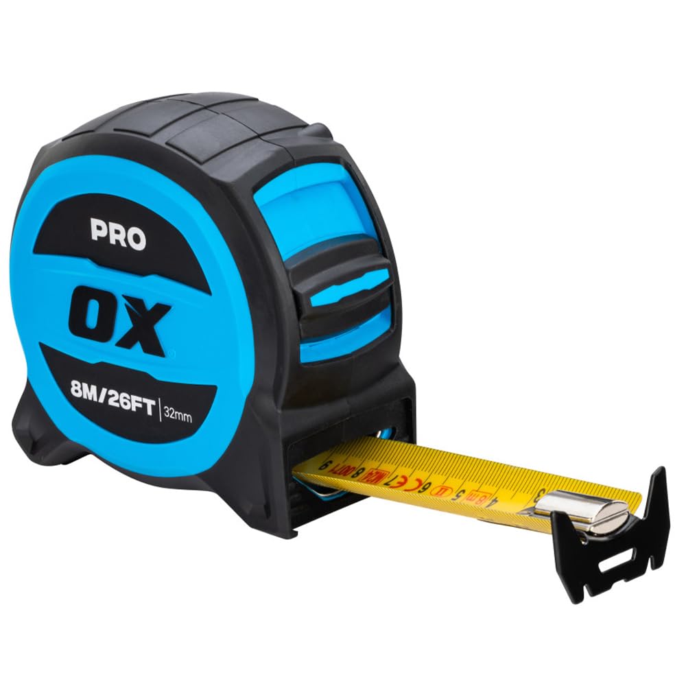 OX Pro 8m/26ft Tuff Blade Tape Measure Magnetic Dual Hook & 32mm Wide Blade, Blue / Black
