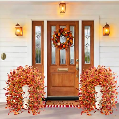 Image of Bassion Artificial Mums for Outdoor, 2 Pcs Fake Fall Hanging Flowers, Mixed