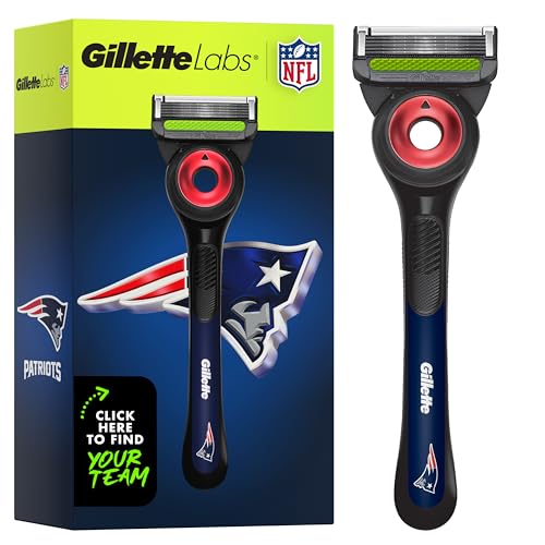 Gillette Labs Special NFL Patriots Edition Shaving Razor for Men - 1 Handle 4 Razor Blade Refills & Magnetic Stand GilletteLabs with Exfoliating Bar