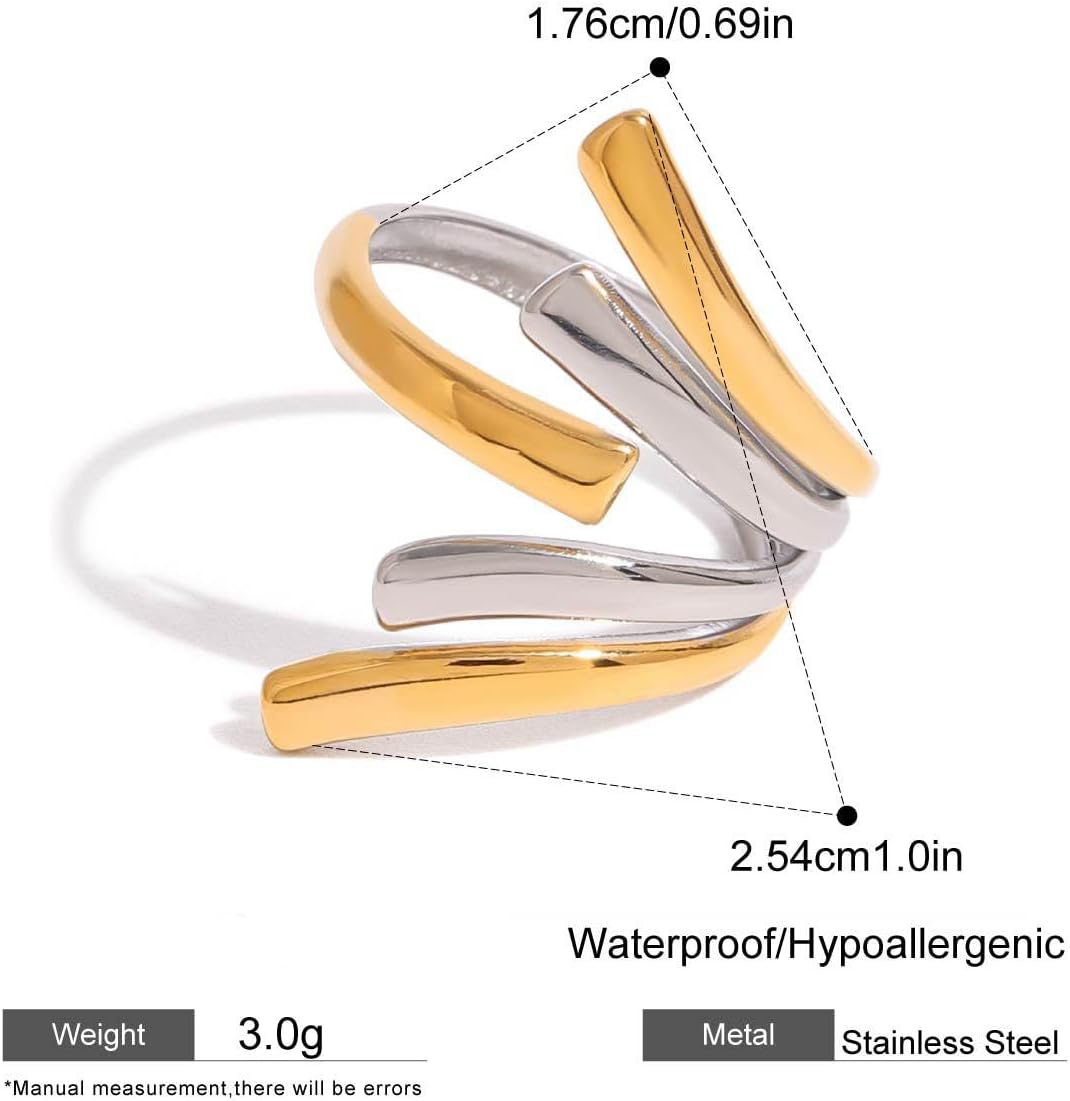 Chunky Thumb Rings For Women, Two Tone Minimalist Hollow Wavy Curve Geometry Adjustable Non Tarnish Stainless Steel Jewelry Gift - Image 6