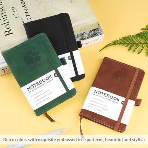 Hopton Notizbuch A6, 3 Stück Notizbücher Set, 192 Seiten,80 g/m²,Leder Notizblock, Klein Notizbuch A6 Liniert, Journal Notebook, Reisetagebuch, Prägebaum Design(Braun, Grün, Schwarz)