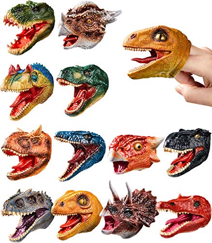 Geyiie Finger Puppets Toys, Kids Dinosaur Finger Dino Head Puppets Set Tyrannosaurus Triceratops Soft Rubber, Pinata Stuffers Goodie Bag Fillers Gifts Toys for Boy Easter 12 Pack