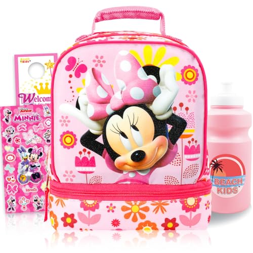 Disney Lancheira Minnie Mouse para escola ~ Lancheira Minnie isolada com 2 compartimentos com garrafa de água e adesivos | Crianças pequenas, adultos, meninas e mulheres
