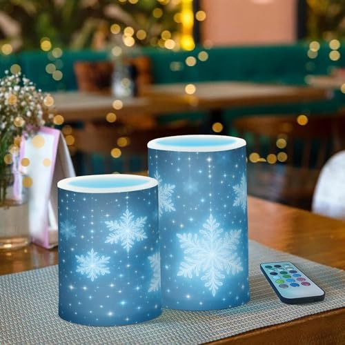 Image of Flickering Flameless Candles, Christmas Snowflakes Blue Background LED Candles with Remote Timer, Set of 2 Battery Operated Candle for Valentine Wedding Birthday