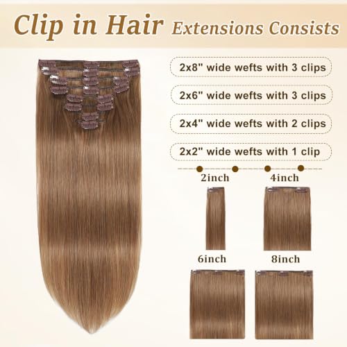 Image of Chestnut Brown Hair Extensions Real Human Hair Clip Ins Remy for Women | No Tangle, No Shedding, Human Hair Clip in Extensions, Seamless Invisible, Volume, Double Weft, 8PCS, 100g, Straight
