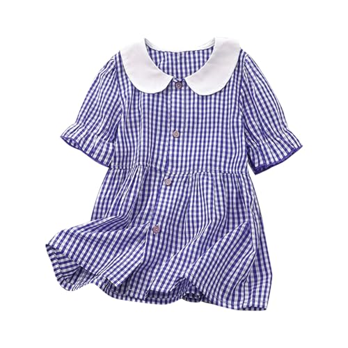 Girls Plaid Dresses Classic Gingham Doll Neck Button Down School Uniform Dress Kids Cotton Cute Preppy Mini Dress
