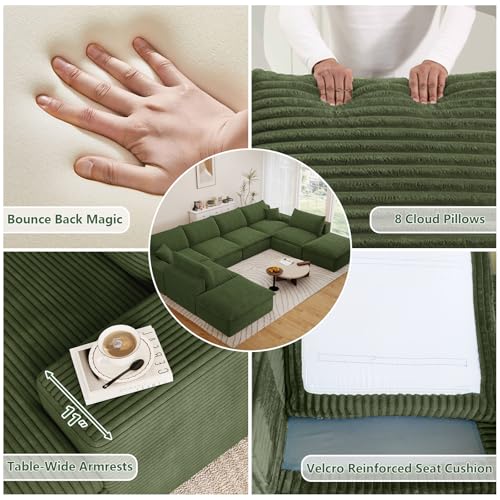 Image of 136 inch Cloud Couch Modular Sectional Sofa for Living Room, U-Shape Boneless Couch with Deep Seat, Modern Corduroy 6-Seater with Ottomans, No Assembly Required, Green